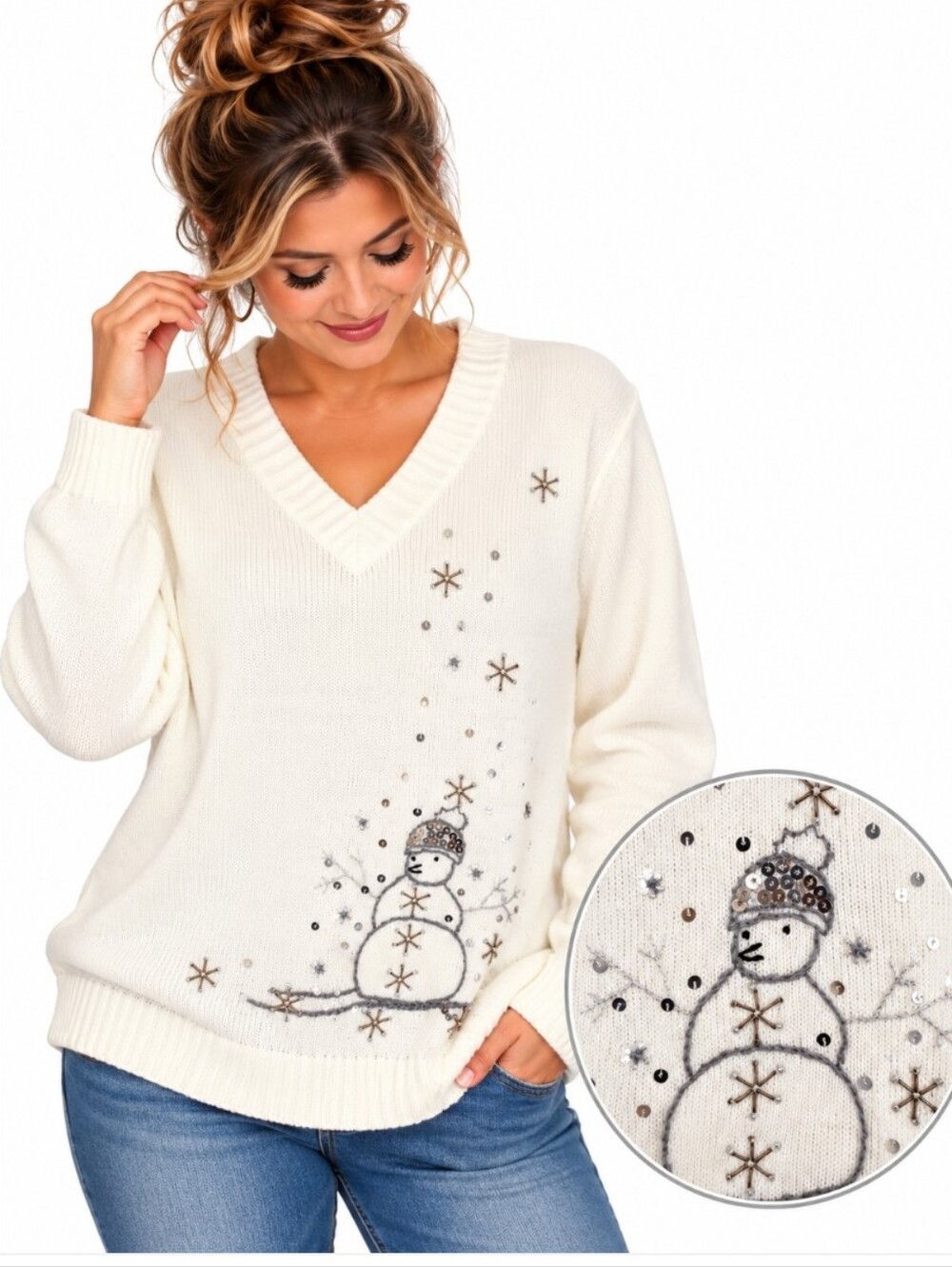 White Stag XL Christmas Snowman Sequin Embellished V Neck Sweater Ivory Festive